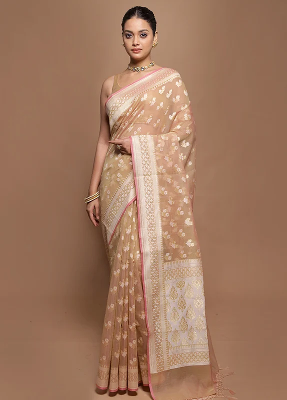 Cream Kora Silk Saree With Blouse Piece Onesize