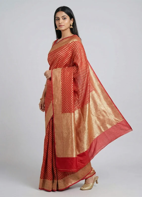 Pink Kora Silk Saree With Blouse Piece One Size