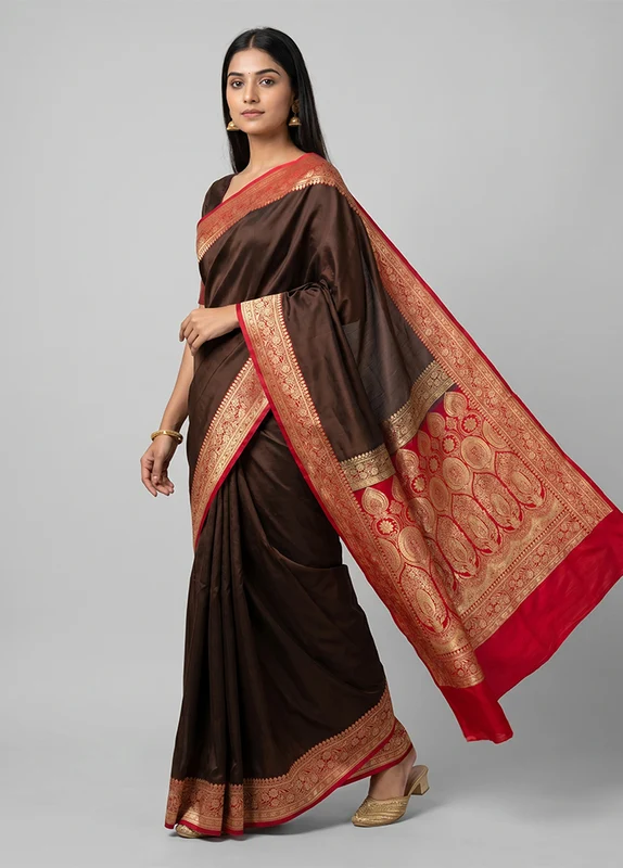 Brown Banarasi Silk Saree With Blouse Piece One Size