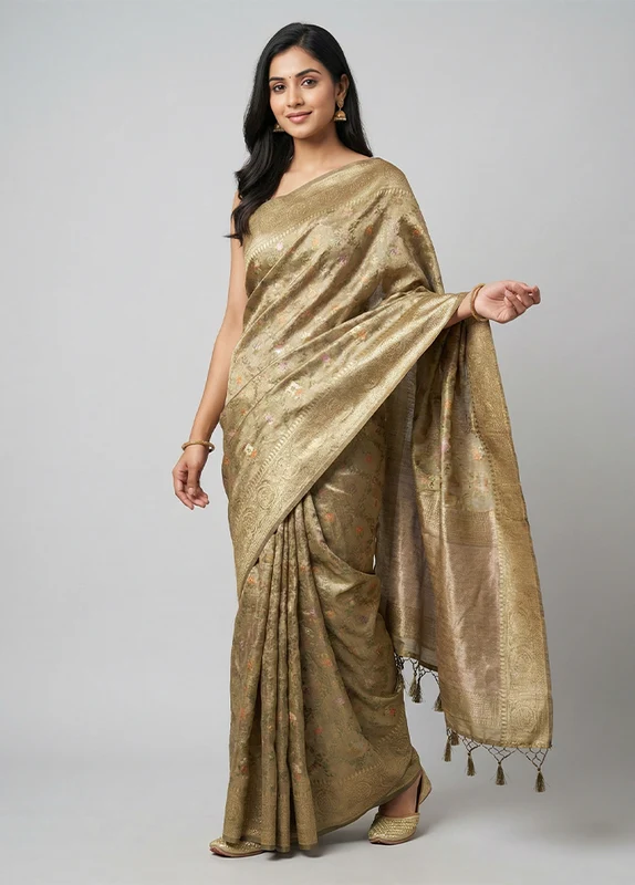 Gold Tissue Silk Saree With Blouse Piece One Size
