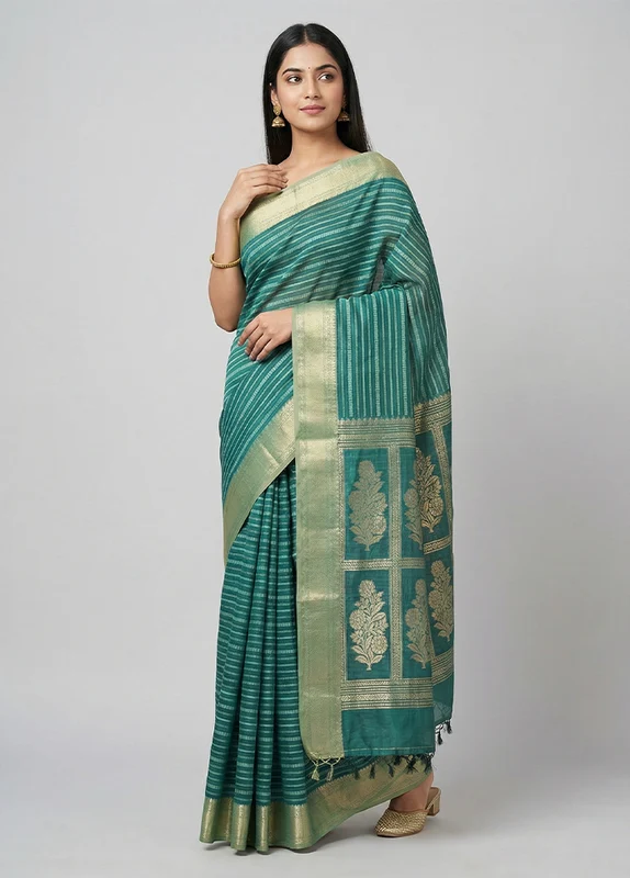 Green Kora Silk Saree With Blouse Piece One Size