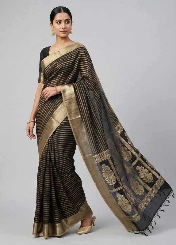Black Kora Silk Saree With Blouse Piece One Size