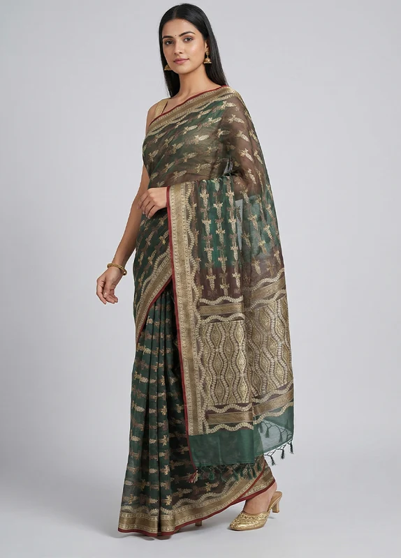 Green Kora Silk Saree With Blouse Piece One Size