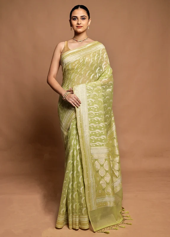 Green Kora Silk Saree With Blouse Piece Onesize