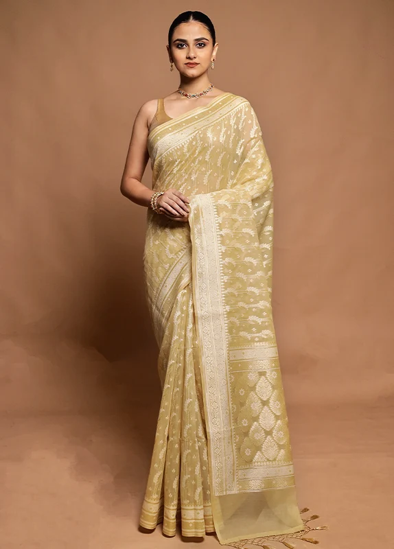 Cream Kora Silk Saree With Blouse Piece Onesize