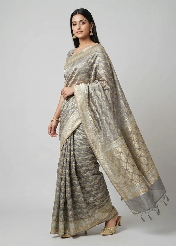 Grey Kora Silk Saree With Blouse Piece One Size