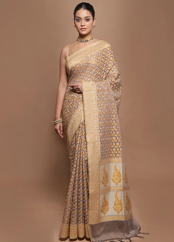 Cream Kora Silk Saree With Blouse Piece Onesize