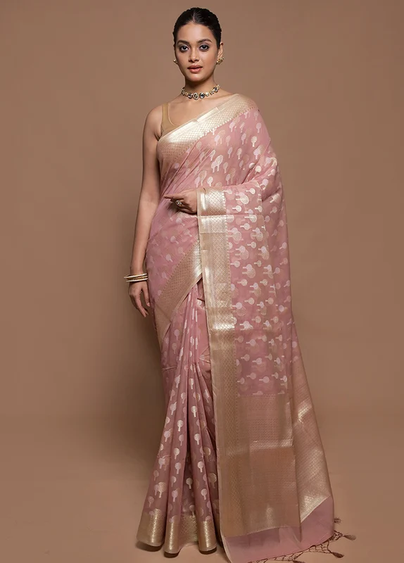 Pink Kora Silk Saree With Blouse Piece Onesize