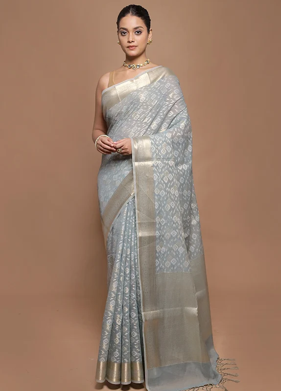 Grey Kora Silk Saree With Blouse Piece Onesize