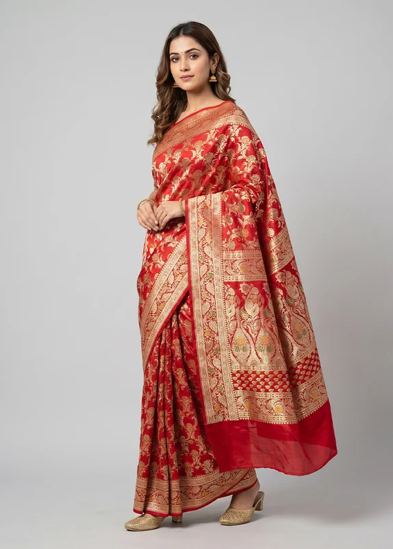 Red Handloom Banarasi Pure Silk Saree With Blouse Piece One Size