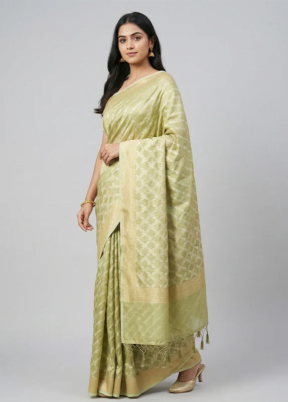 Green Tissue Silk Saree With Blouse Piece One Size