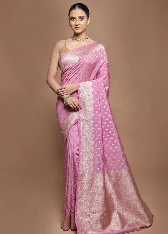 Pink Dupion Silk Saree With Blouse Piece Onesize