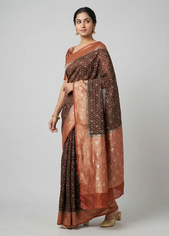 Brown Dupion Silk Saree With Blouse Piece One Size