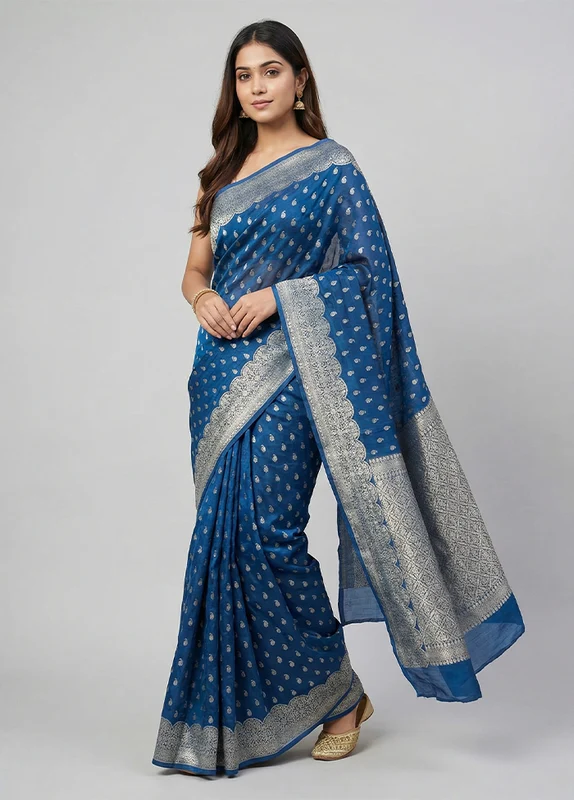 Blue Dupion Silk Saree With Blouse Piece One Size