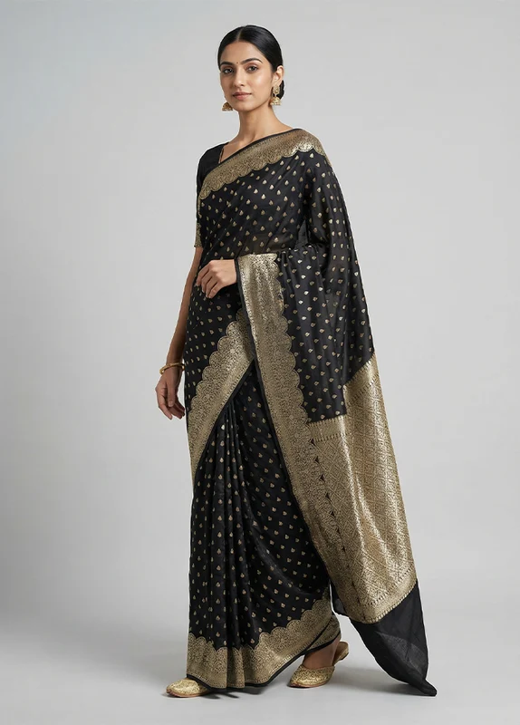 Black Dupion Silk Saree With Blouse Piece One Size