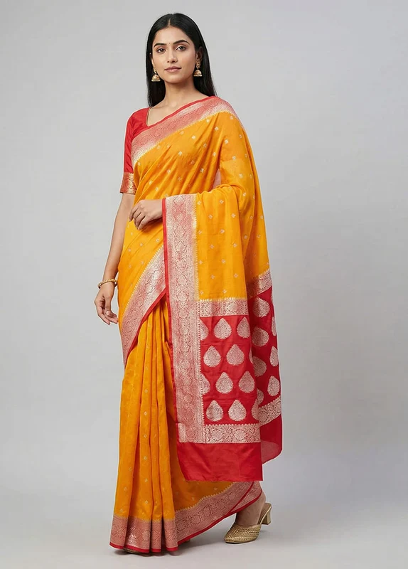 Yellow Georgette Saree With Blouse Piece One Size