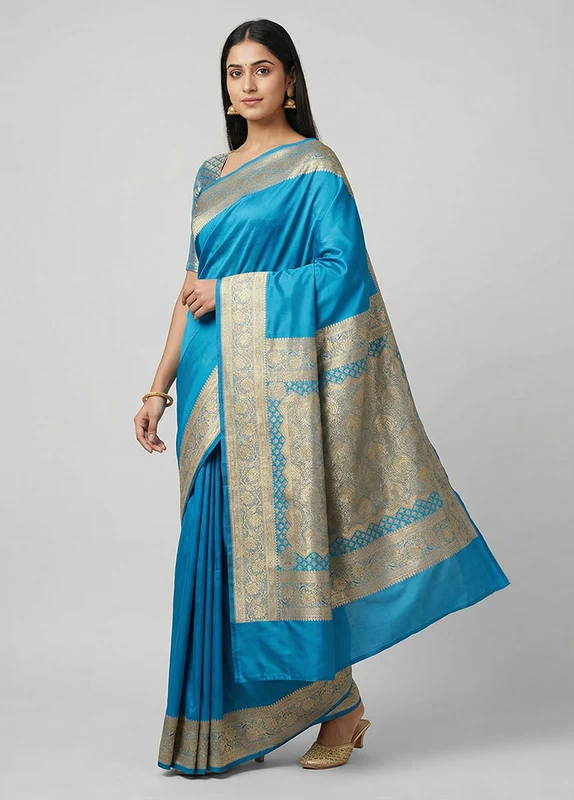 Blue Banarasi Silk Saree With Blouse Piece One Size