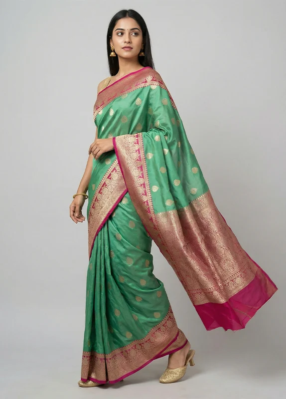 Green Katan Silk Saree With Blouse Piece One Size