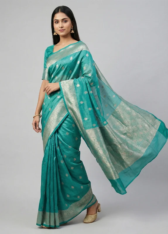 Green Tissue Silk Saree With Blouse Piece One Size