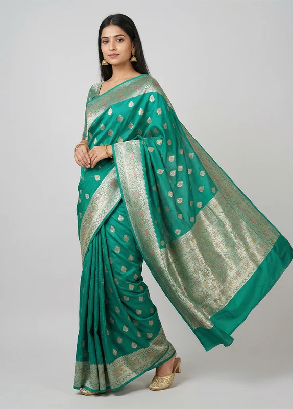 Green Katan Silk Saree With Blouse Piece One Size