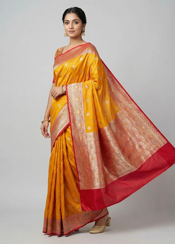 Yellow Katan Silk Saree With Blouse Piece One Size