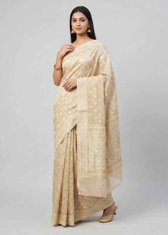 Cream Kora Silk Saree With Blouse Piece One Size