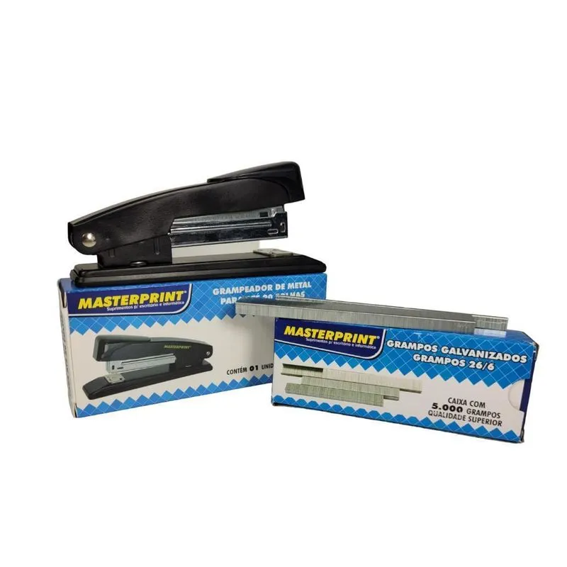 Grampeador Metal + 5000 Grampos 26/6 Galvanizados Escritório