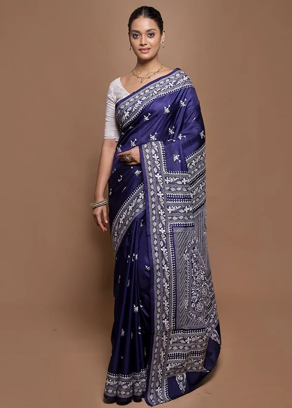 Blue Handloom Kantha Stitch Pure Silk Saree With Blouse Piece Onesize