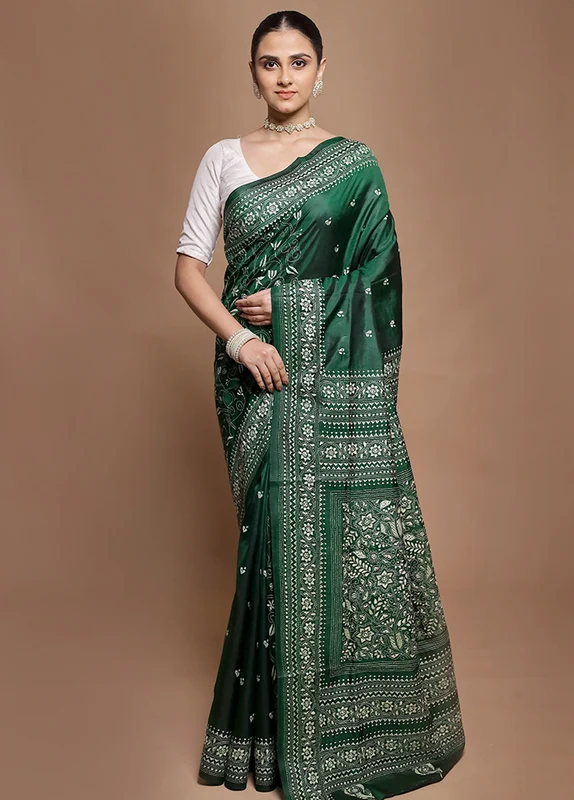 Green Handloom Kantha Stitch Pure Silk Saree With Blouse Piece Onesize