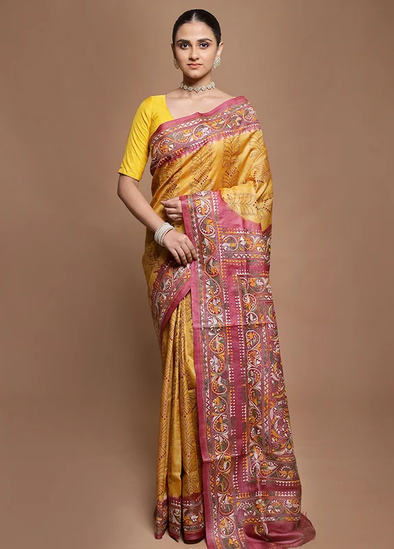 Pink Handloom Kantha Stitch Pure Silk Saree With Blouse Piece Onesize