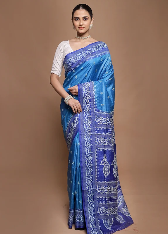 Blue Handloom Kantha Stitch Pure Silk Saree With Blouse Piece Onesize