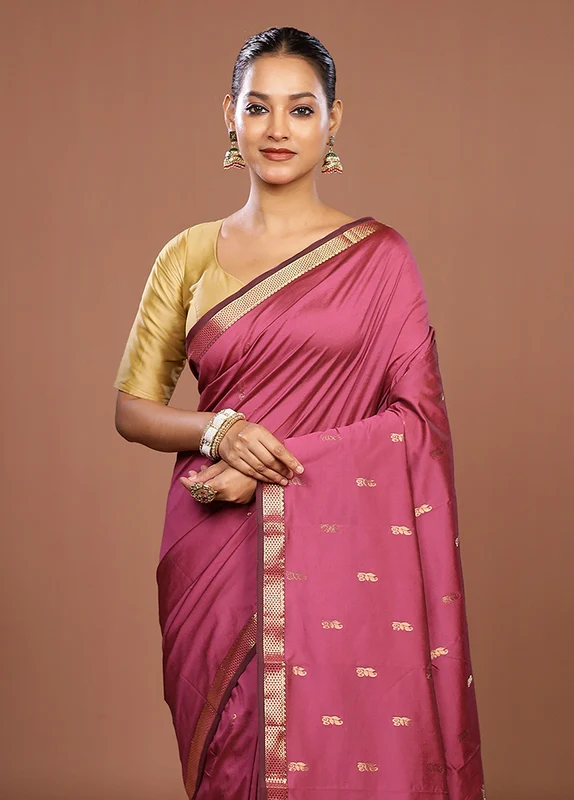Pink Kanjivaram Silk Saree With Blouse Piece One Size
