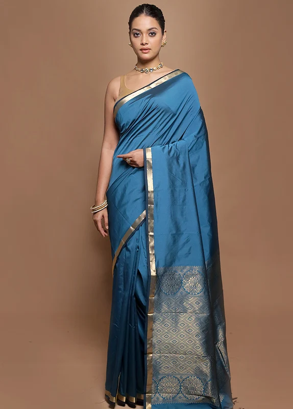 Blue Kanjivaram Silk Saree With Blouse Piece Onesize