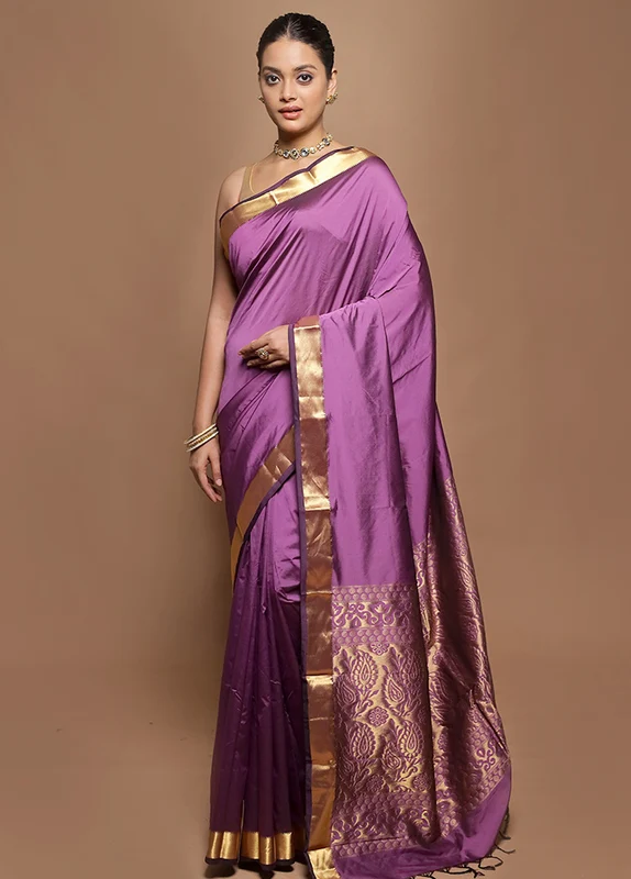 Purple Kanjivaram Silk Saree With Blouse Piece Onesize