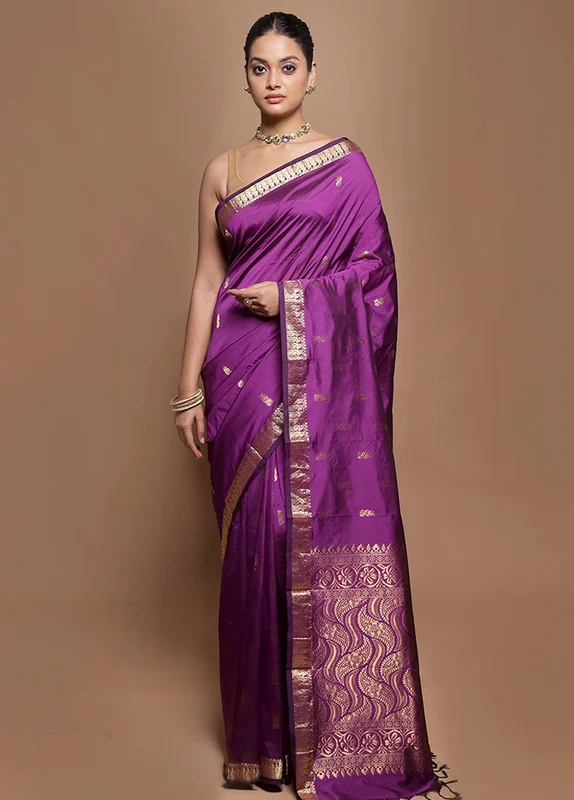 Purple Kanjivaram Silk Saree With Blouse Piece Onesize