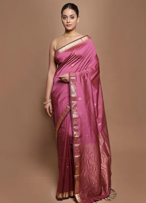 Pink Kanjivaram Silk Saree With Blouse Piece Onesize