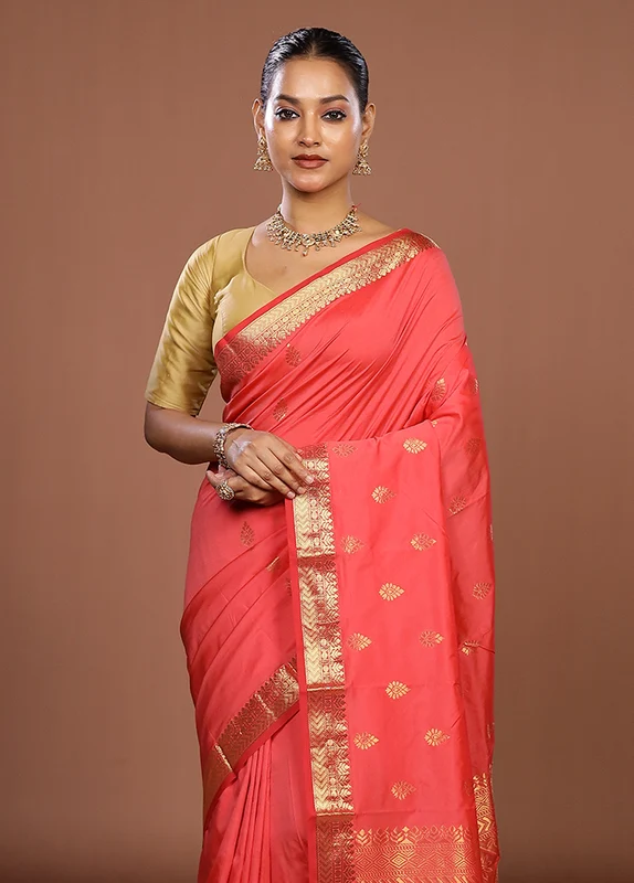 Pink Kanjivaram Silk Saree With Blouse Piece One Size