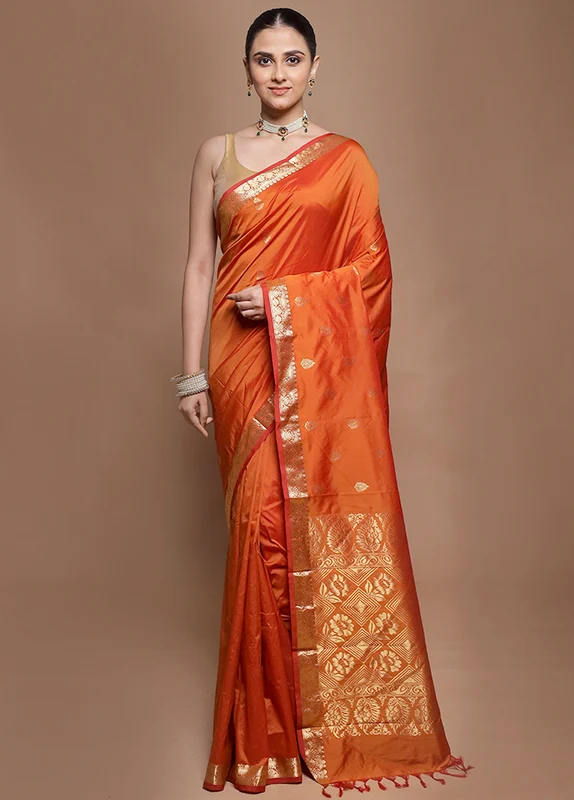 Rust Kanjivaram Silk Saree With Blouse Piece Onesize