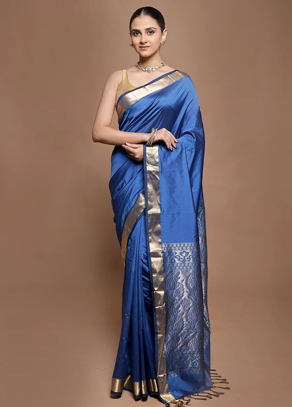 Blue Kanjivaram Silk Saree With Blouse Piece Onesize