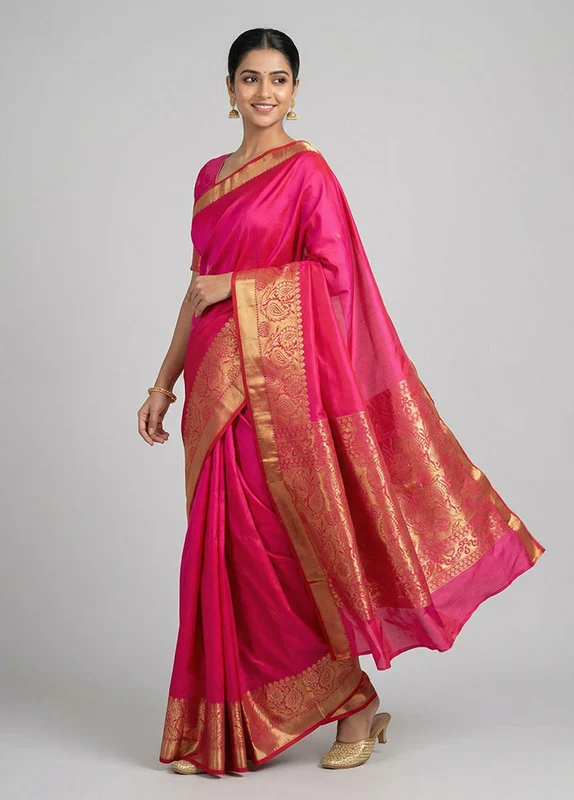 Pink Kanjivaram Silk Saree With Blouse Piece One Size