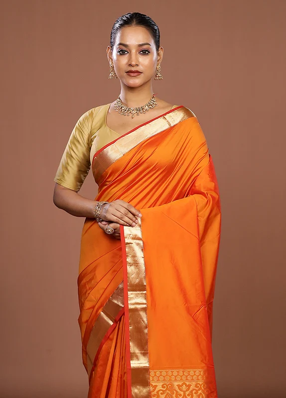 Rust Kanjivaram Silk Saree With Blouse Piece One Size