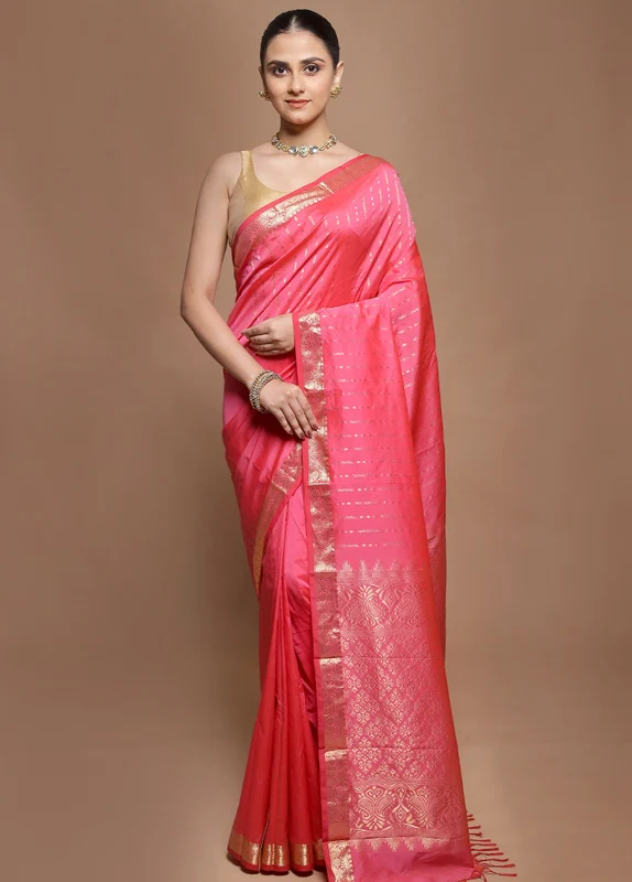 Pink Kanjivaram Silk Saree With Blouse Piece Onesize