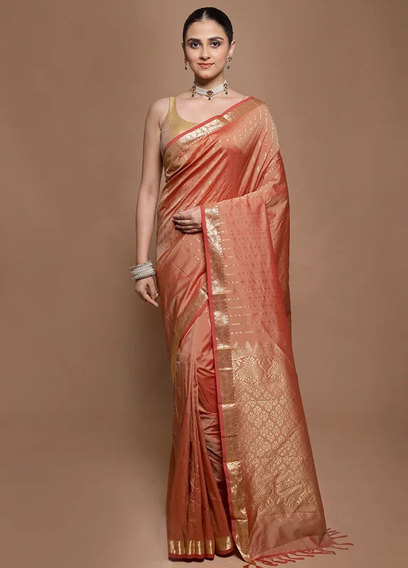 Pink Kanjivaram Silk Saree With Blouse Piece Onesize