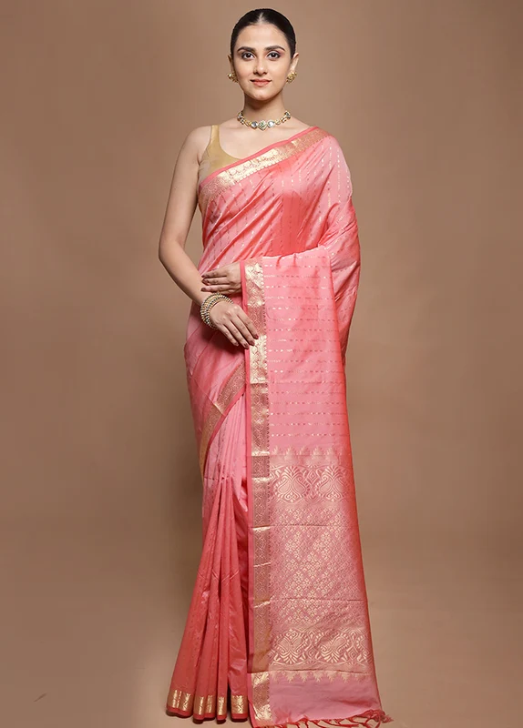 Pink Kanjivaram Silk Saree With Blouse Piece Onesize