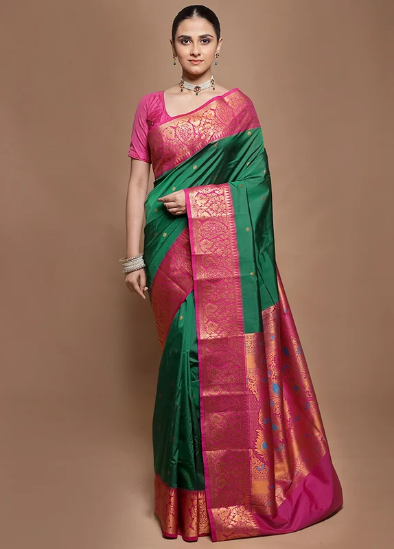 Green Kanjivaram Silk Saree With Blouse Piece Onesize