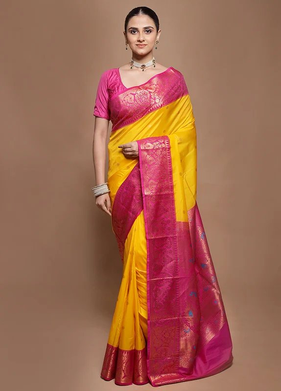 Yellow Kanjivaram Silk Saree With Blouse Piece Onesize