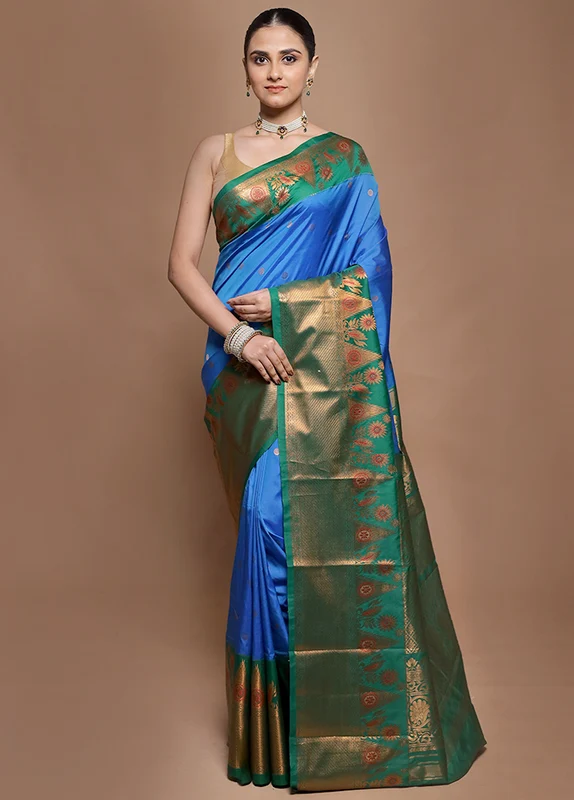 Blue Kanjivaram Silk Saree With Blouse Piece Onesize