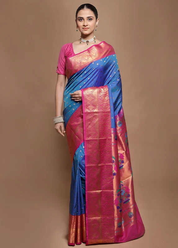 Blue Kanjivaram Silk Saree With Blouse Piece Onesize