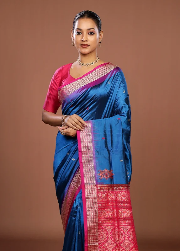 Blue Handloom Bomkai Pure Silk Saree With Blouse Piece One Size