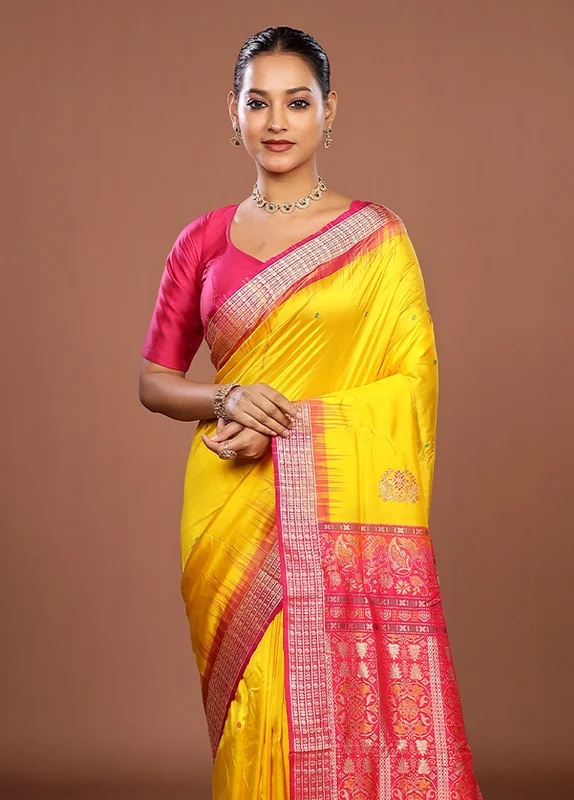 Yellow Handloom Bomkai Pure Silk Saree With Blouse Piece One Size
